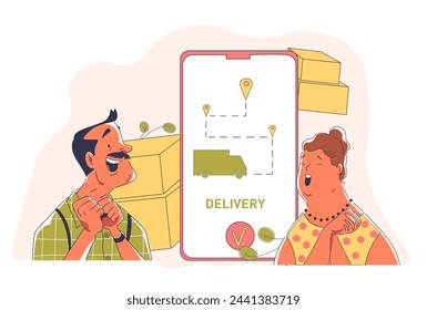 Online delivery service simple. Man and woman looking at smartphone with cardboard parcels. Shopping and electronic commerce. Logistics and shipping. Doodle flat vector illustration