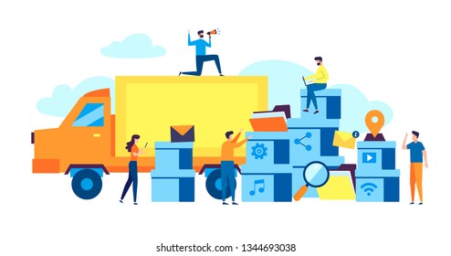 Online delivery service. Small people stand near delivery boxes, packages, truck. Poster for banner, social media, web page, presentation. Flat design vector illustration