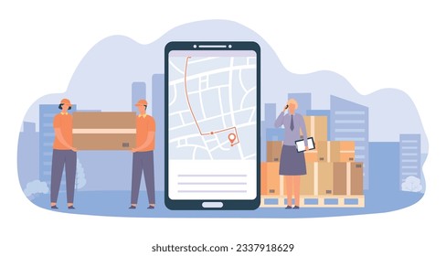 Online delivery service. Smartphone with gps navigation, man curlers carrying big parcel, manager talking on phone. Packages shipment, post warehouse. Location on map vector illustration