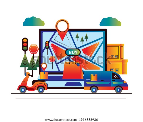 online delivery service technology\
with laptop and vehicles vector illustration\
design