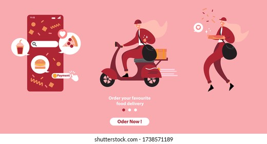 Online delivery service, technology and logistics concept. Illustration of ordering 
food online on the application software
Simple Line Style. Flat design. Vector Illustration.