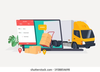 Online delivery service and tracking app concept, online yellow delivery, Delivery home and office. Warehouse, truck, forklift, on laptop. Vector illustration