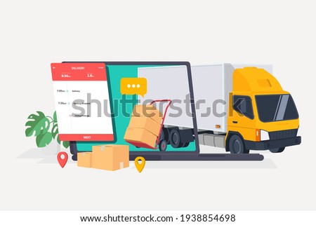 Online delivery service and tracking app concept, online yellow delivery, Delivery home and office. Warehouse, truck, forklift, on laptop. Vector illustration