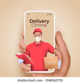 Online delivery service or delivery tracking mobile application concept with semi-realistic hand holding smartphone with courier with packing coming out from the screen. 3d vector illustration