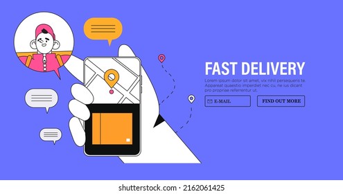 Online delivery service or delivery tracking mobile application concept for banner, mobile application or website ads. Hand holding smartphone with courier location and map pin vector illustration.