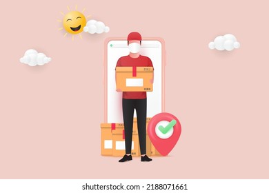 Online delivery service or delivery tracking mobile application concept. Delivery man holding packing coming out from the screen of mobile phone. 3d vector illustration.
