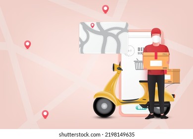 Online delivery service or delivery tracking mobile application concept. Online shopping concept. Mobile app for shopping. 3d vector illustration.