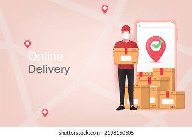 Online delivery service or delivery tracking mobile application concept. Smartphone with delivery man in a face mask holding a parcel box background. 3d vector illustration.