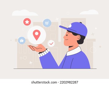 Online Delivery Service Or Delivery Tracking Mobile Application. Delivery Man Holding Icon Location, City On Background.