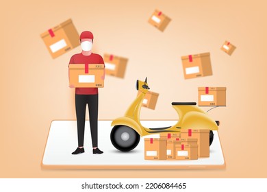 Online delivery service or delivery tracking mobile application concept. Smartphone with delivery man in a face mask holding a parcel box background. 3d vector illustration.