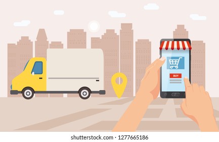 Online delivery service, tracking online tracker. A hand is holding a smartphone, truck, car, parcel delivery. Internet delivery, concept, idea, vector, illustration for web sites, stores, animation