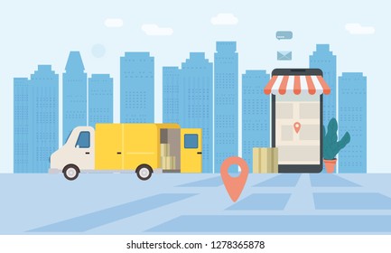 Online delivery service, tracking online tracker. Smartphone, parcel delivery truck. Internet delivery, concept, idea, vector, illustration for web sites, stores, animation, mobile applications
