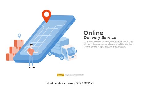 Online delivery service transportation illustration concept with warehouse parcel packages and map pin. order tracking, car, logistic cargo via Internet mobile phone or cellphone for landing page