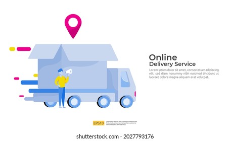 Online delivery service transportation illustration concept with warehouse parcel packages and map pin. order tracking, car, logistic cargo via Internet mobile phone or cellphone for landing page