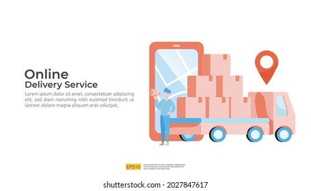 Online delivery service transportation illustration concept with warehouse parcel packages and map pin. order tracking, car, logistic cargo via Internet mobile phone or cellphone for landing page