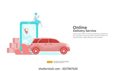 Online delivery service transportation illustration concept with warehouse parcel packages and map pin. order tracking, car, logistic cargo via Internet mobile phone or cellphone for landing page