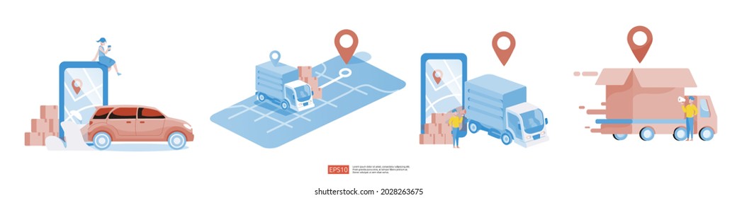 Online delivery service transportation illustration concept with warehouse parcel packages and map pin. order tracking, car, logistic cargo via Internet mobile phone or cellphone for landing page