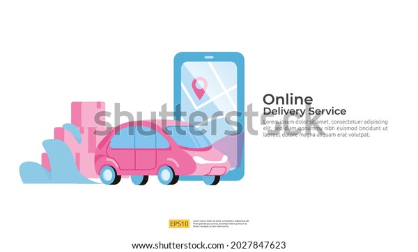 Online delivery service transportation illustration\
concept with warehouse parcel packages and map pin. order tracking,\
car, logistic cargo via Internet mobile phone or cellphone for\
landing page
