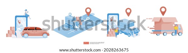 Online delivery service transportation illustration
concept with warehouse parcel packages and map pin. order tracking,
car, logistic cargo via Internet mobile phone or cellphone for
landing page