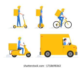 Online delivery service. Truck, electric scooter, gyroboard, scooter and bicycle courier. Delivery service concept. Flat Style. isolated on white background 
