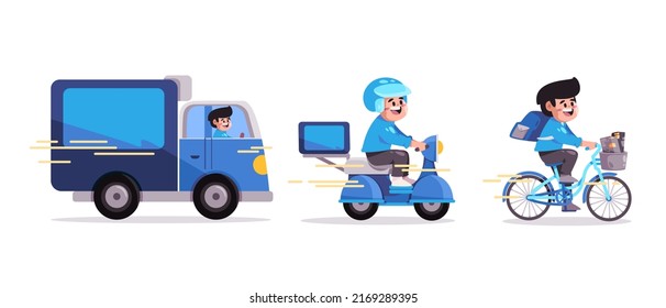 Online delivery service truck motorcycle and bicycle concept of order tracking system and express delivery fast in blue color
