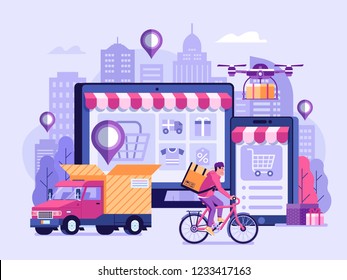 Online Delivery Service UI Illustration With Dron, Courier On Bike And Delivery Van With Box. Internet Shipping Concept With Modern City. Transportation And Logistic Digital Shopping Ad Banner.