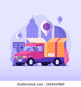 Online delivery service UI illustration with delivery van with open box. Internet auto shipping concept with truck and modern city. Transportation and logistic scene.