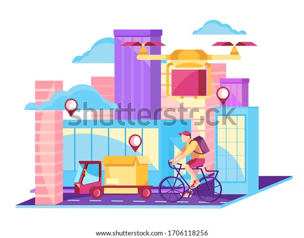 Online delivery service UI illustration with\
drone, courier on bicycle and delivery van with box. Internet\
shipping concept with modern city. Transportation and logistic\
digital shopping ad\
background