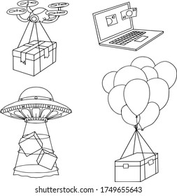 Online delivery service UI illustrations. Air baloons, a laptop, UFO, drone. Concept of online delivery with. Transport. Line isolated no white background 