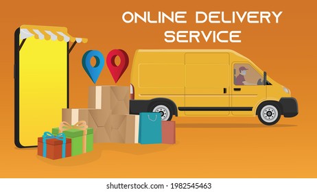 Online Delivery Service. delivery van, smart phone with hut, cardboard boxes, gifts and navigator. smart logistic concept. flat vector illustration.
