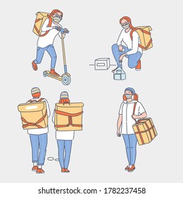 Online delivery service vector cartoon outline illustration. People in protective face masks carrying goods and food to customers. Non contact delivery during Coronavirus Covid-19 outbreak.