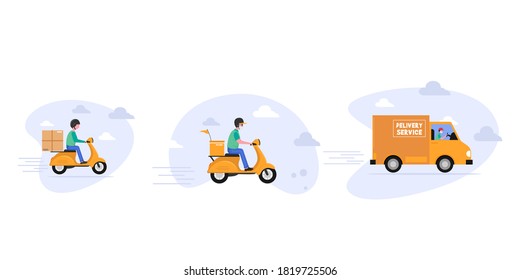 Plantilla de diseño vectorial de servicio de entrega en línea. Hombre con Scooter, camión, correo en bicicleta para el concepto de ilustración de producto de entrega.