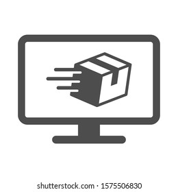 Online delivery service vector icon isolated on white background. Desktop computer with express delivery app showing the package. Delivery stock vector illustration for web, mobile and ui design