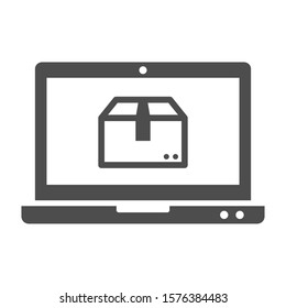 Online delivery service vector icon isolated on white background. Laptop with express delivery app showing the package. Delivery stock vector illustration for web, mobile and ui design