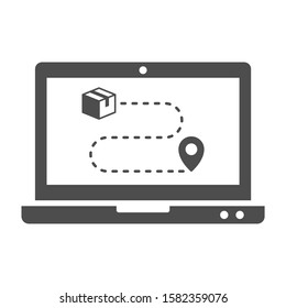 Online delivery service vector icon isolated on white background. Laptop with express delivery app showing delivery status. Delivery stock vector illustration for web, mobile and ui design