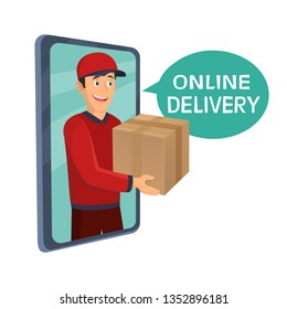 online delivery service vector illustration concept. Young man courier delivery services of holding a large box