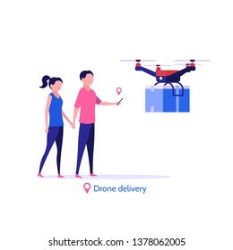 Online delivery service vector illustration. Internet shopping concept with modern delivery, drone.  Use for landing page website and mobile website development, app