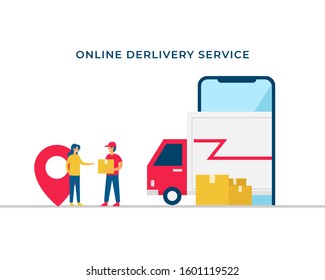 Online delivery service vector illustration concept design. Courier man bring the shipment box to costumer with delivery truck inside mobile smartphone screen.