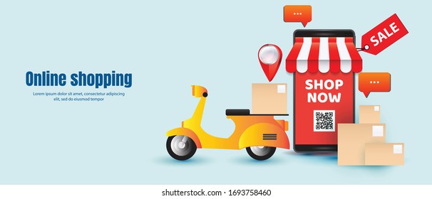 Online delivery service vector illustration with scooter mobile box pin and message icon E-commerce concept