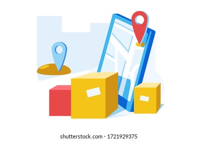 Online delivery service vector illustration. Location pin on city map. Smartphone screen with open geolocation app flat style design. Cardboard boxes and navigator isolated on white