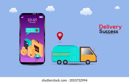 Online delivery service vector illustration. Fast delivery or logistic transport, order tracking point. Smartphone online shopping concept