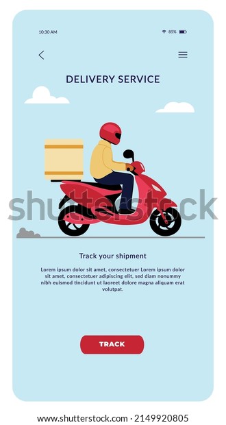 Online delivery\
service vector illustration. Delivery boy riding red motorbike .\
Fast food delivery design template for landing page, web, mobile\
app, poster and flyer.