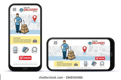 Online delivery service vector UI on mobile phone screen. Vertical and horizontal responsive design template for online shooping app and mobile website.