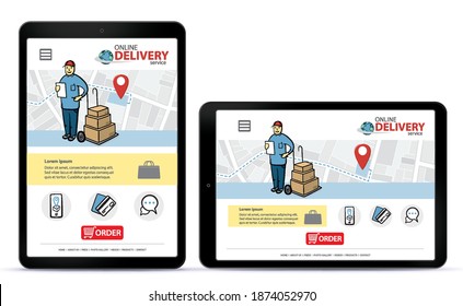 Online delivery service vector UI on tablet computer screen. Vertical and horizontal responsive design template for online shooping app and mobile website.