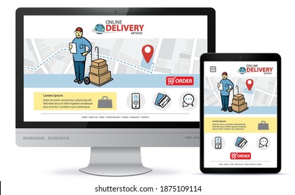 Online delivery service vector UI on Computer screen and Tablet PC. Responsive design template for online shopping app and mobile website.