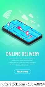 Online Delivery service vertical banner. Isometric concept with map, truck, pin on smartphone screen. 3d Logistic order tracking template. Shipping Vector illustration for web, mobile app, advert