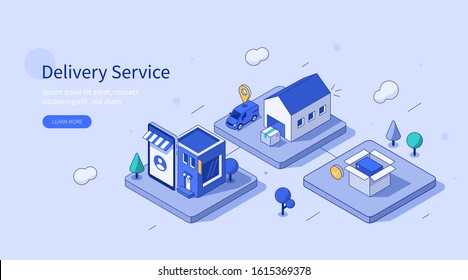 Online Delivery Service Web Banner Template. Order Online with Mobile App, Track Shipment, Receive Parcel Box. Delivery Service and Smart Logistic Concept. Flat Isometric Vector Illustration.