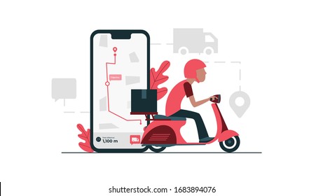 Plantilla de banner web del servicio de entrega en línea. Courier en Scooter Entregando paquete. Smartphone con aplicación móvil para seguimiento de entrega. Concepto Logístico Inteligente. Ilustración de vectores isométricos planos