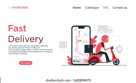 Plantilla de banner web del servicio de entrega en línea. Courier en Scooter Entregando paquete. Smartphone con aplicación móvil para seguimiento de entrega. Concepto Logístico Inteligente. Ilustración de vectores isométricos planos