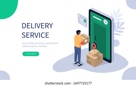 Online Delivery Service Web Banner Template. Courier in Medical Mask and Gloves Standing near Door and Holding Parcel Box. Contactless Quarantine Delivery Concept. Flat Isometric Illustration.